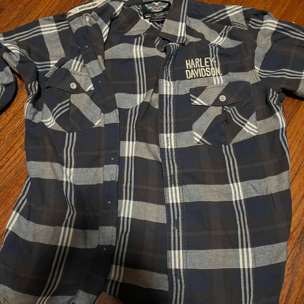 Unisex Harley Davidson plaid long sleeve navy/brown/white shirt sz Medium